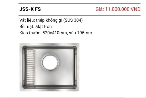 Chậu rửa chén bát JSS - K FS là dòng sản phẩm có thiết kế nhỏ gọn